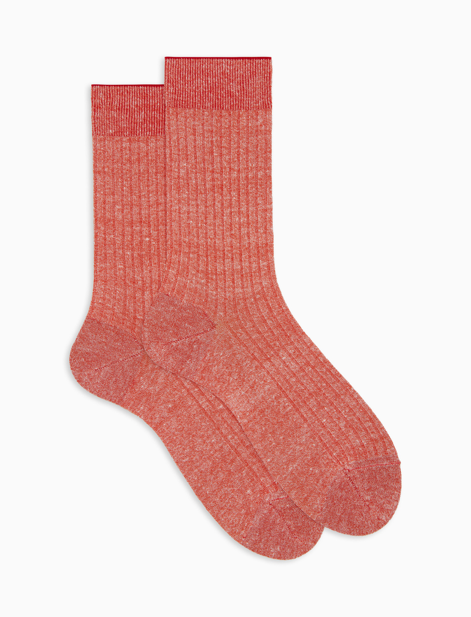 Men's orange short cotton and linen socks with ribbed solid color - Gallo 1927 - Official Online Shop