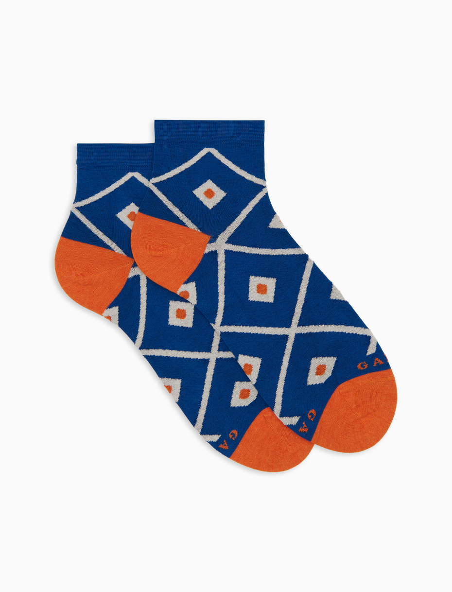 Women's blue ultra-short cotton socks with argyle pattern - Gallo 1927 - Official Online Shop