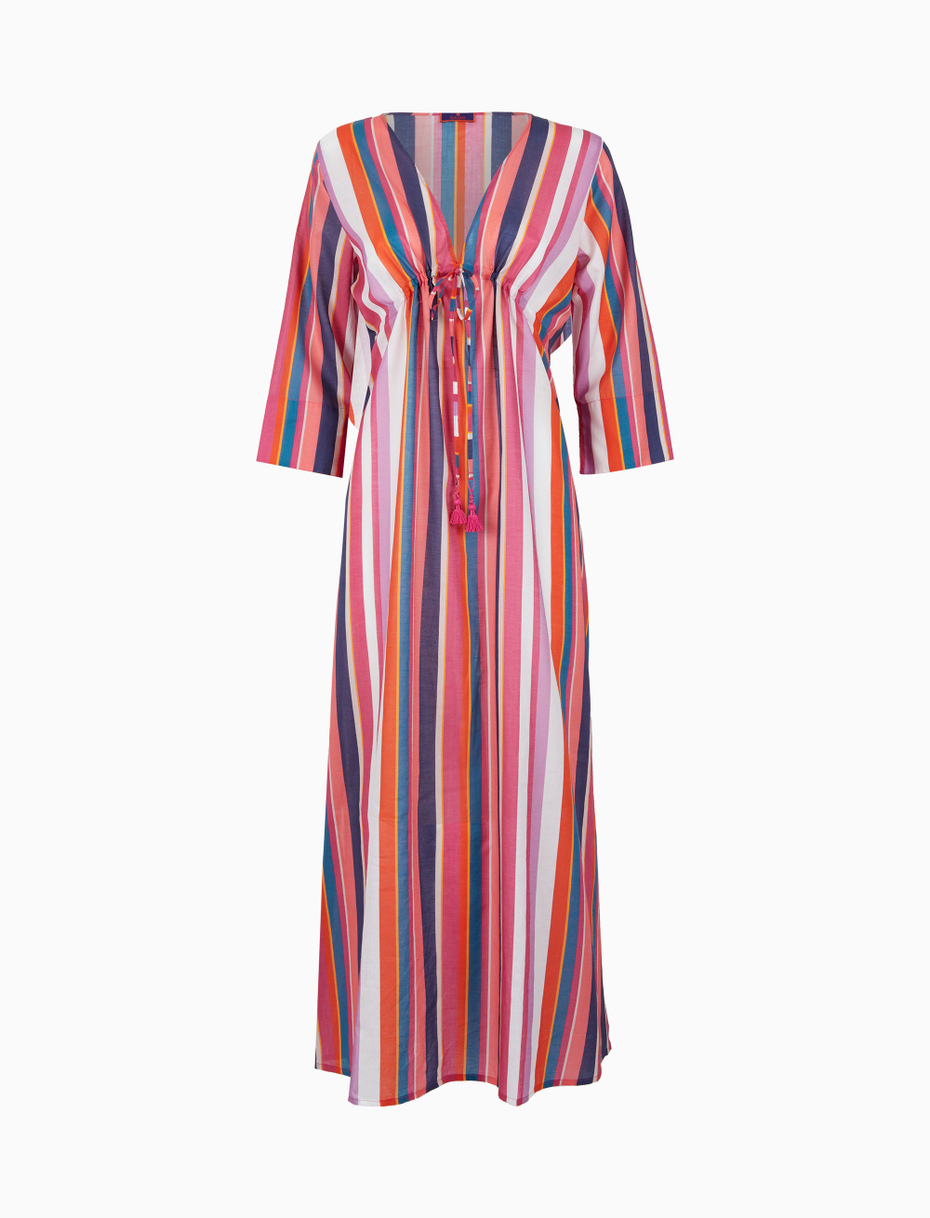 Kaftano lungo donna cotone righe multicolor verticali bianco - Gallo 1927 - Official Online Shop
