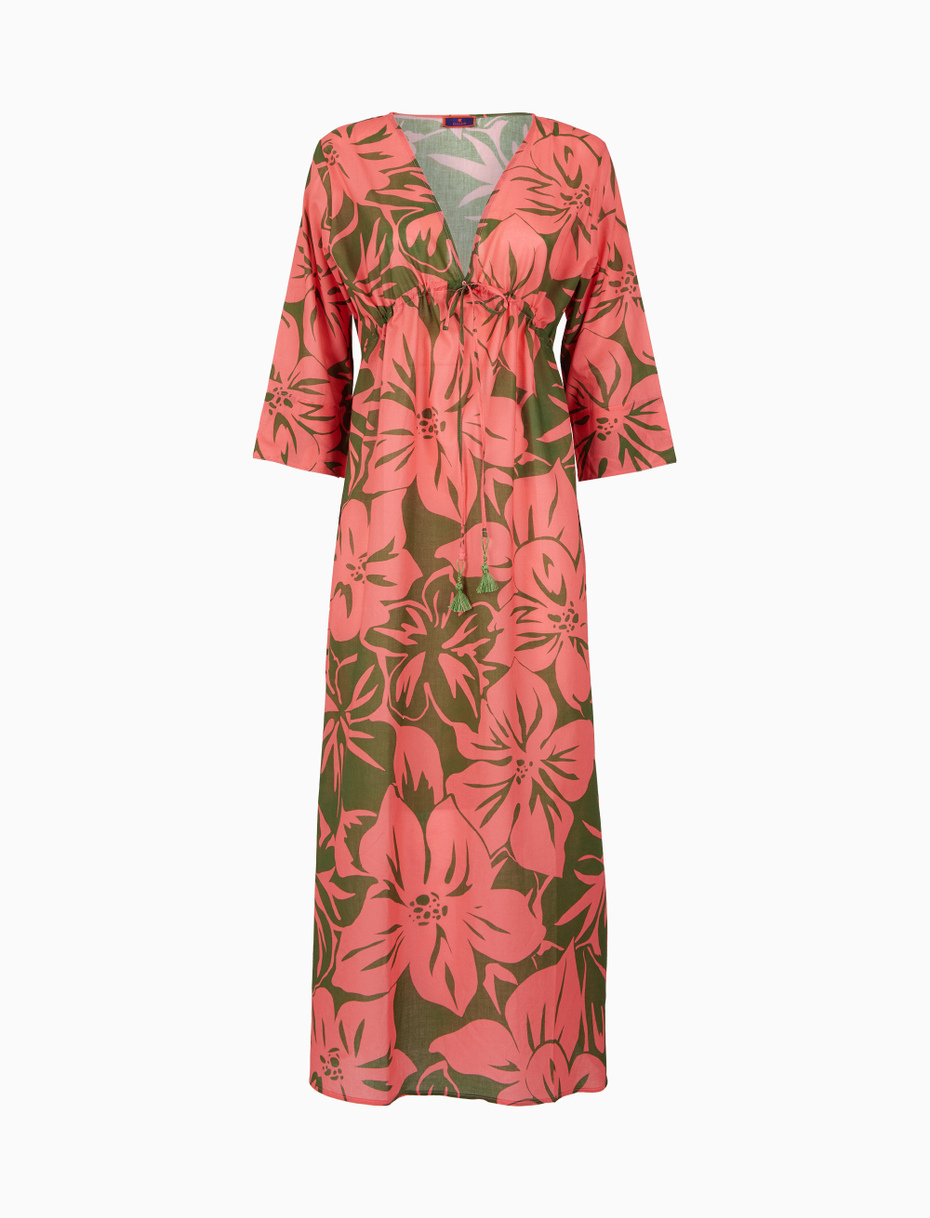 Women's pink long cotton kaftan with floral pattern - Gallo 1927 - Official Online Shop