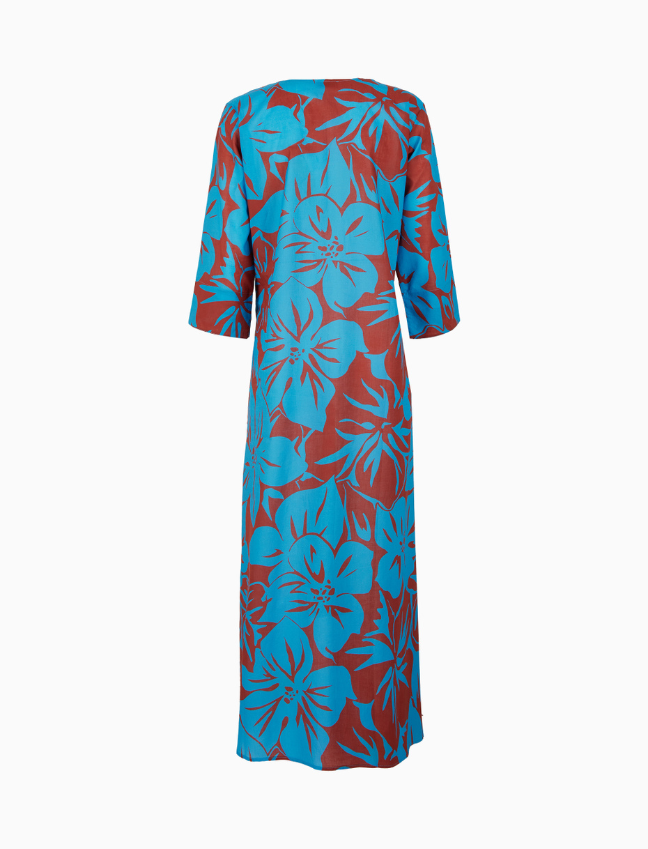 Women's light blue long cotton kaftan with floral pattern - Gallo 1927 - Official Online Shop