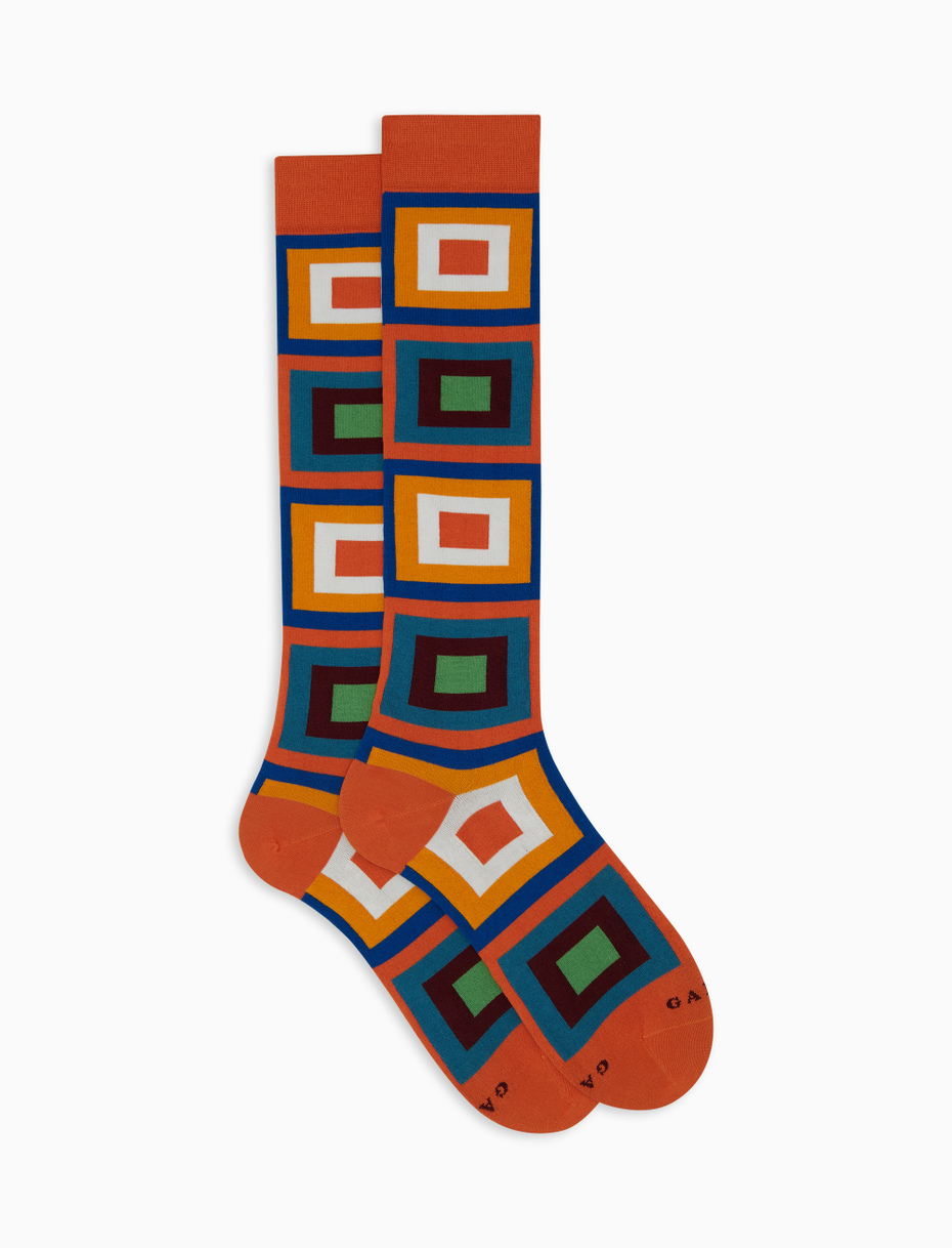 Men's orange long cotton socks with concentric square pattern - Gallo 1927 - Official Online Shop