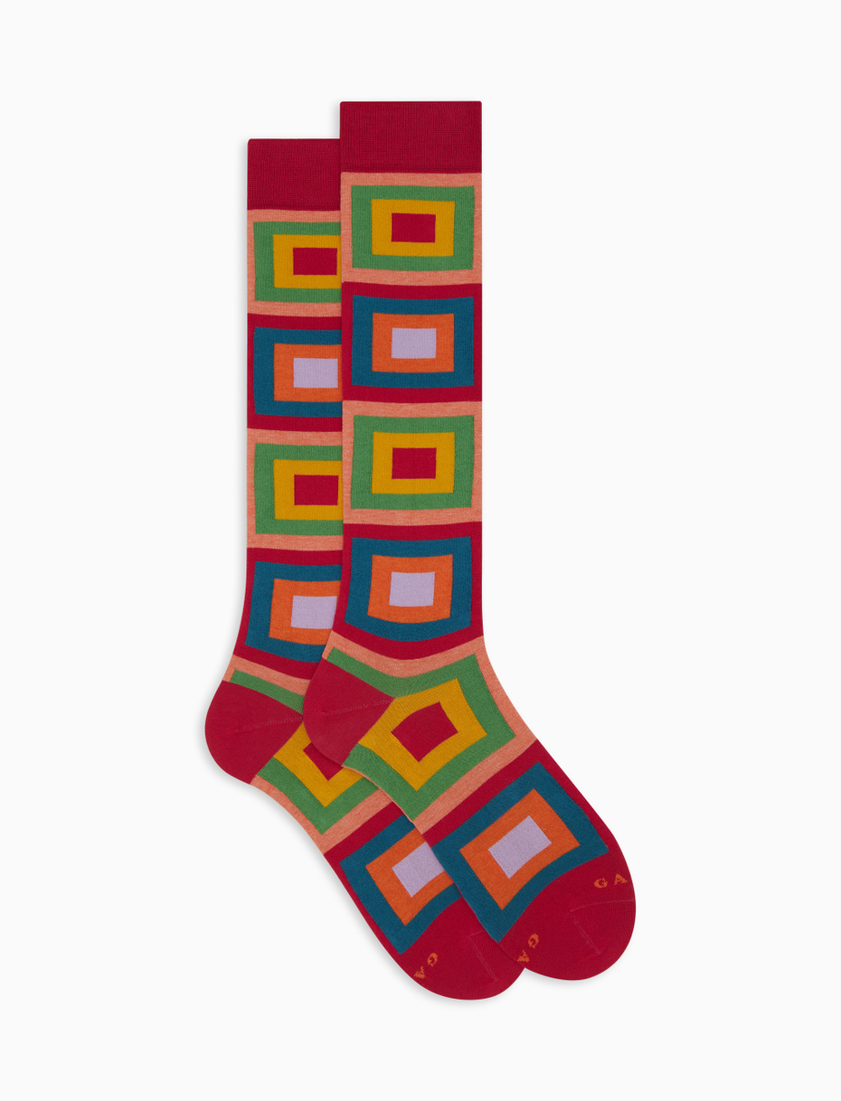Women's fuchsia long cotton socks with concentric square pattern - Gallo 1927 - Official Online Shop