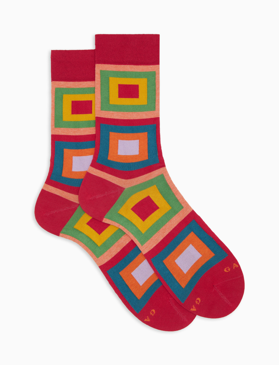 Women's fuchsia short cotton socks with concentric square pattern - Gallo 1927 - Official Online Shop