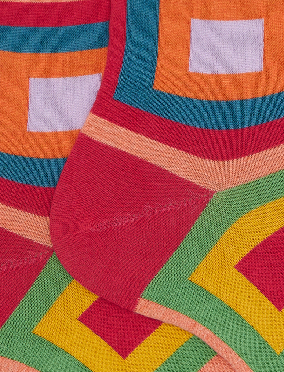 Women's fuchsia short cotton socks with concentric square pattern - Gallo 1927 - Official Online Shop