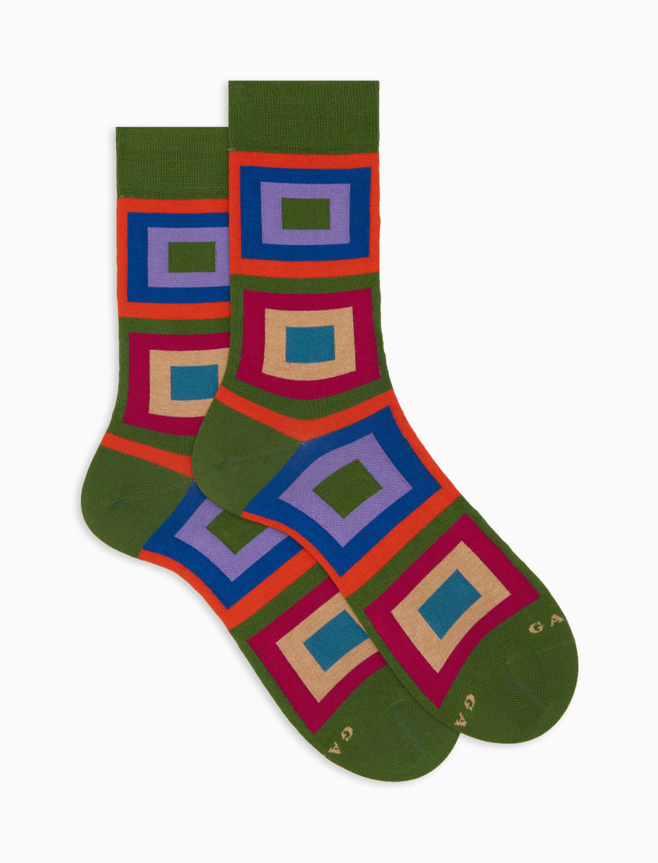Women's green short cotton socks with concentric square pattern - Gallo 1927 - Official Online Shop