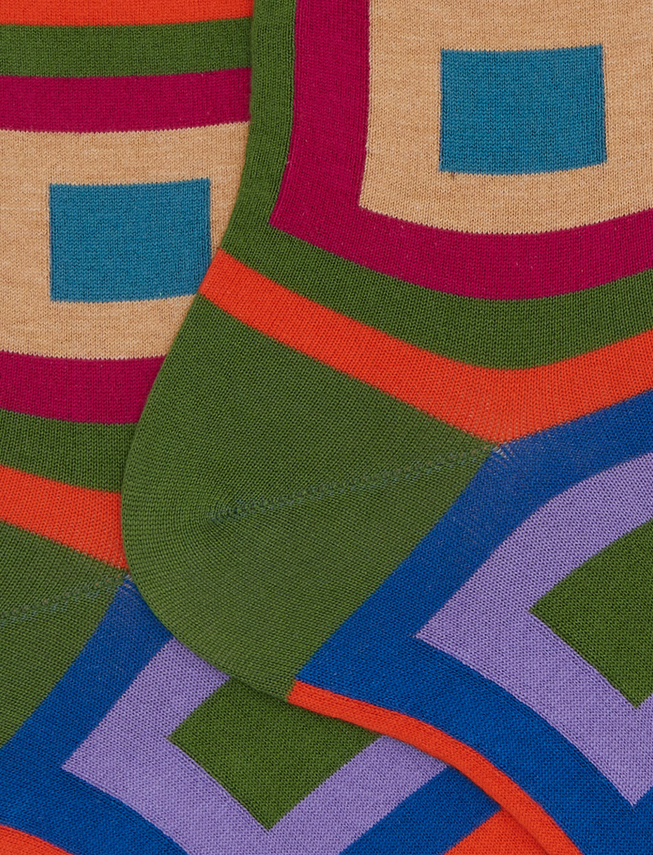 Women's green short cotton socks with concentric square pattern - Gallo 1927 - Official Online Shop