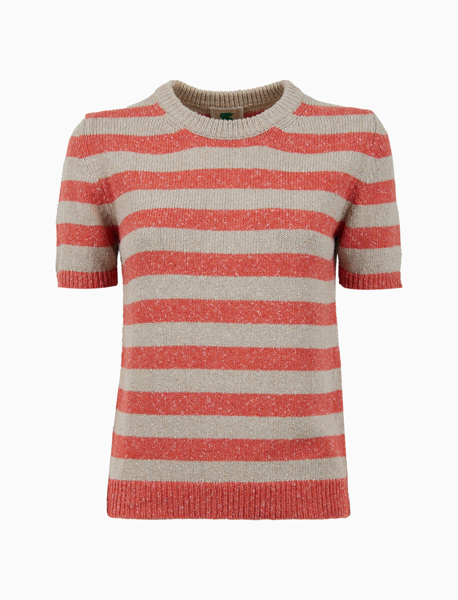 Women's orange crew neck cotton t-shirt with bicolor stripes - Gallo 1927 - Official Online Shop