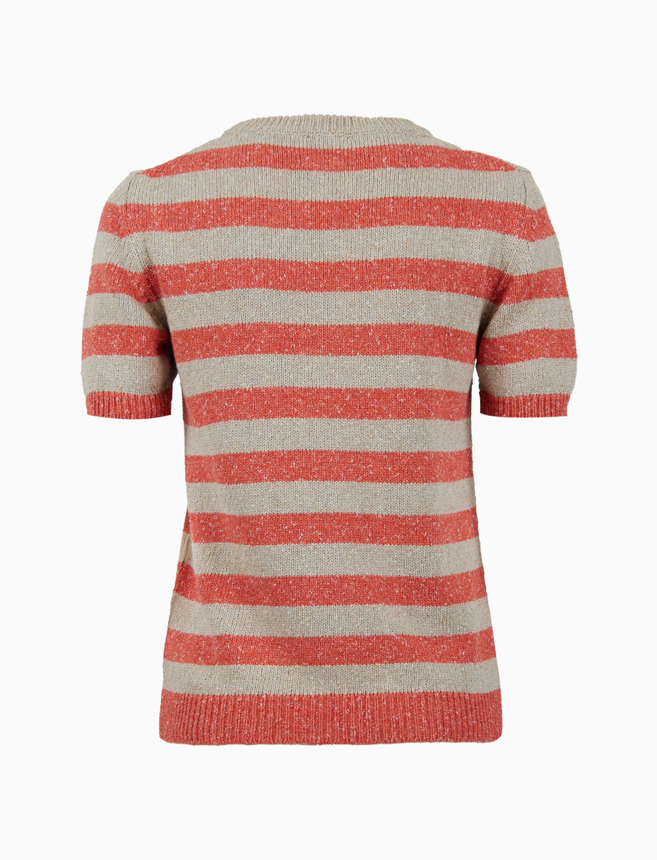 Women's orange crew neck cotton t-shirt with bicolor stripes - Gallo 1927 - Official Online Shop