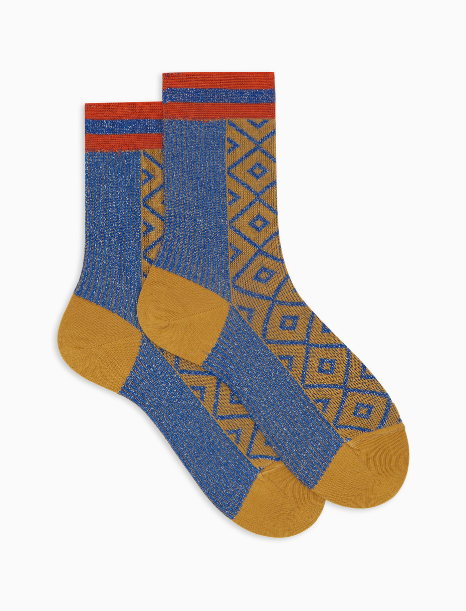Women's yellow short cotton socks with glitter diamond and ribbed pattern - Gallo 1927 - Official Online Shop