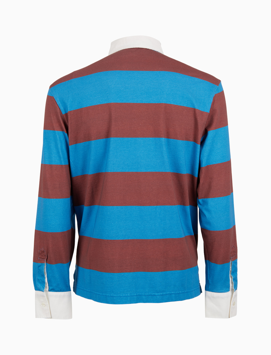 Polo rugby uomo cotone righe bicolore azzurro e marrone con inserti camicia - Gallo 1927 - Official Online Shop