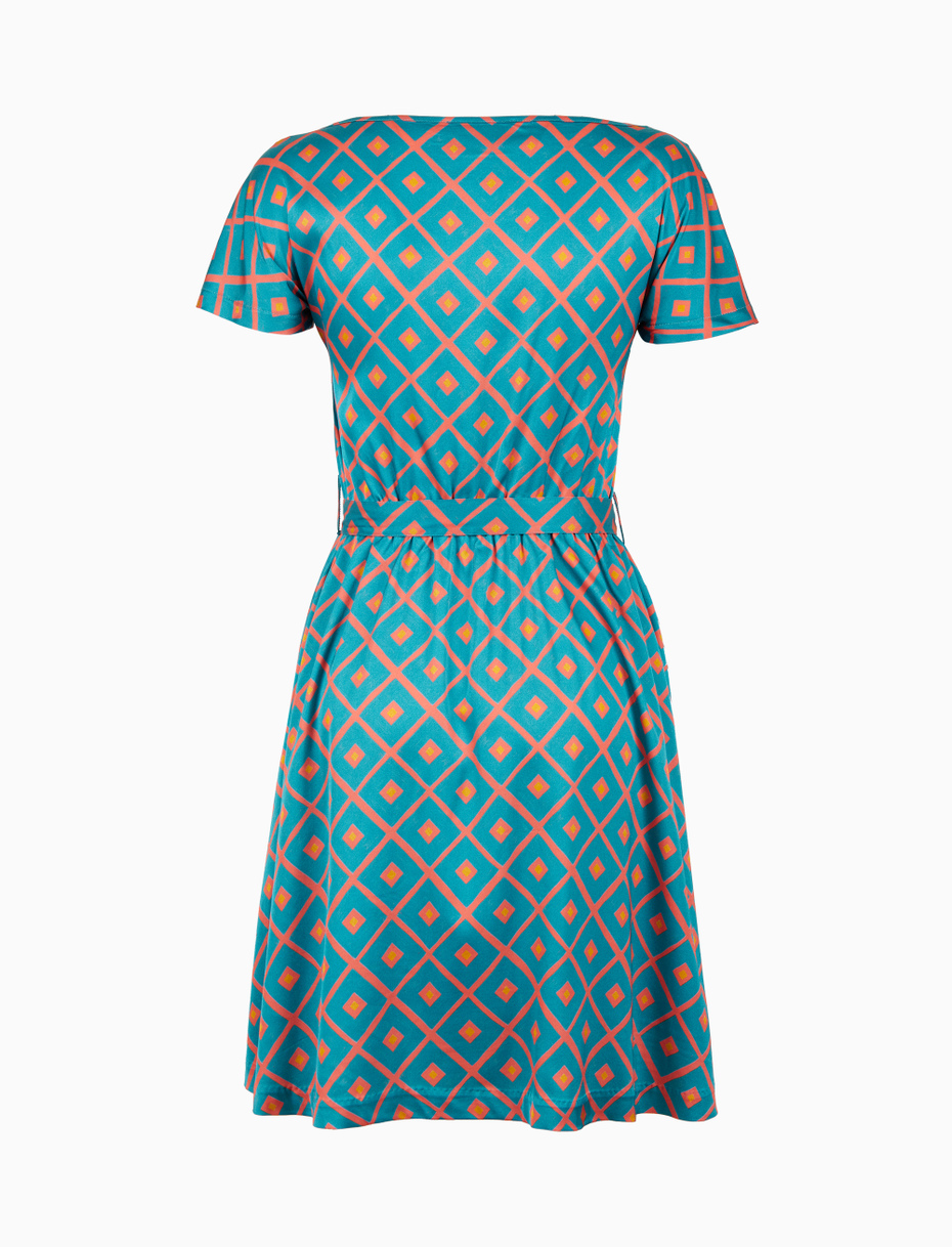 Women's light blue short dress with belt, short sleeves, and argyle pattern - Gallo 1927 - Official Online Shop