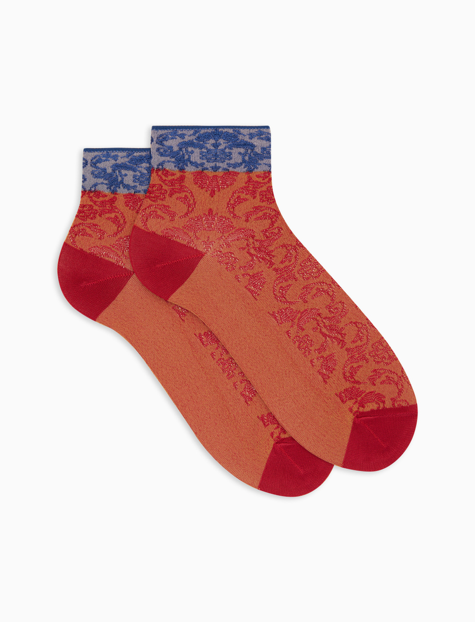 Women's orange ultra-short viscose socks with brocade pattern - Gallo 1927 - Official Online Shop