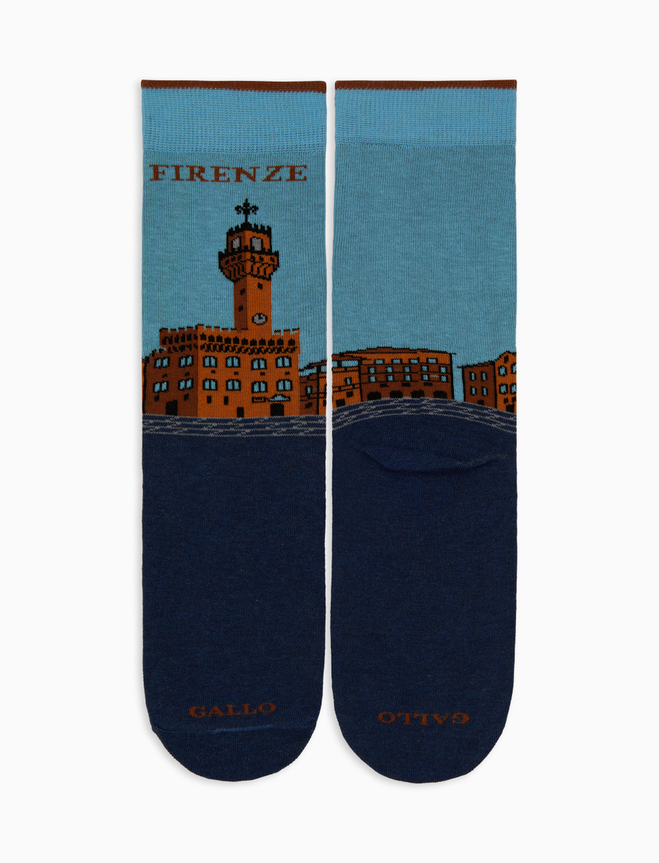 Women's short cotton socks, blue with Palazzo Vecchio in Florence pattern - Gallo 1927 - Official Online Shop