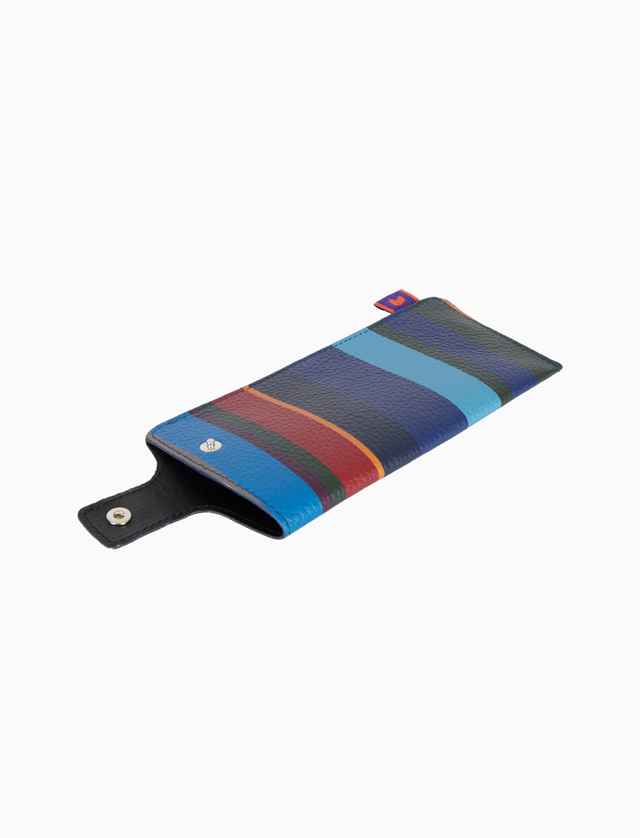 Unisex hammered leather glasses case in blue with multicolored stripes - Gallo 1927 - Official Online Shop