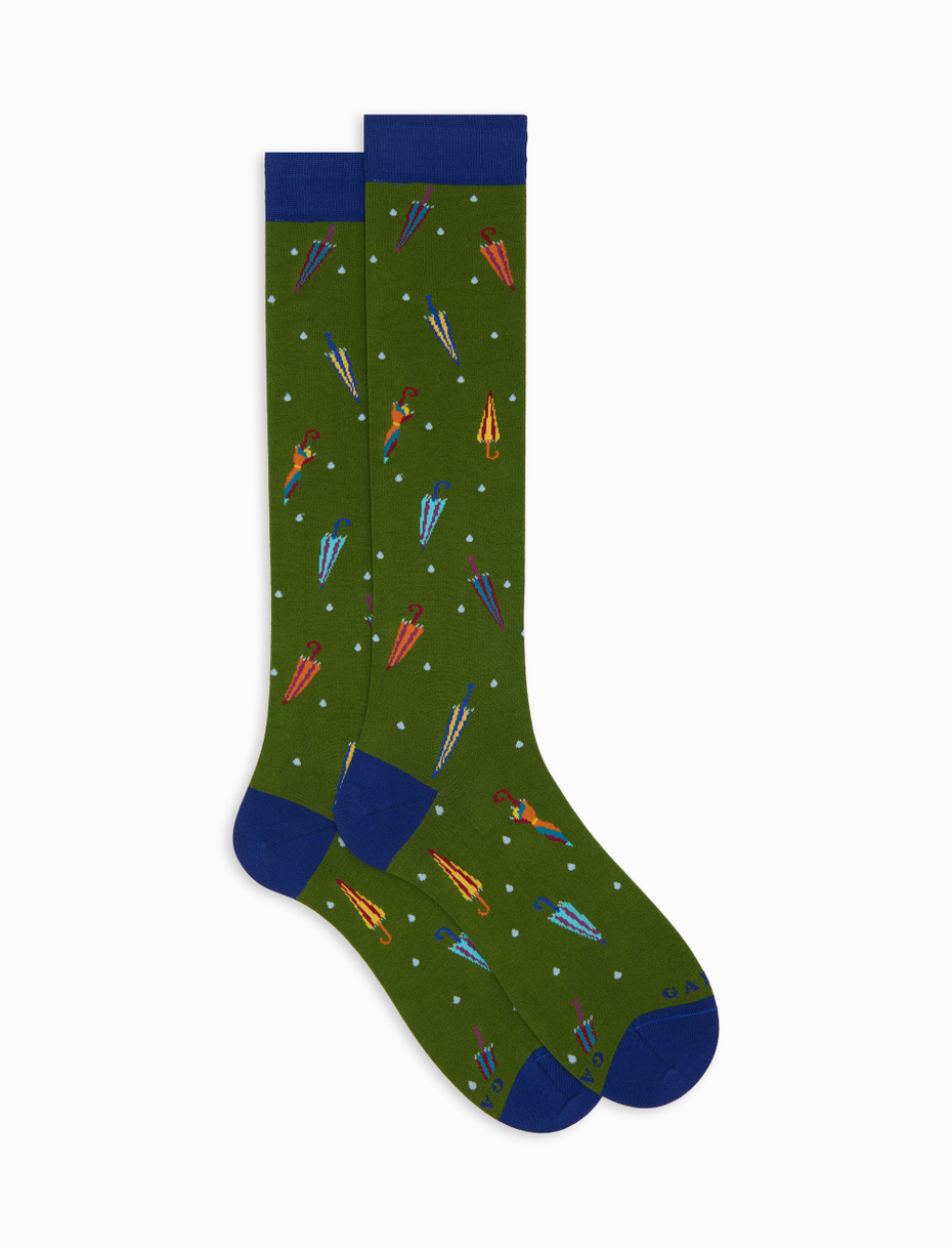 Men's long socks in green cotton with colorful umbrella pattern - Gallo 1927 - Official Online Shop