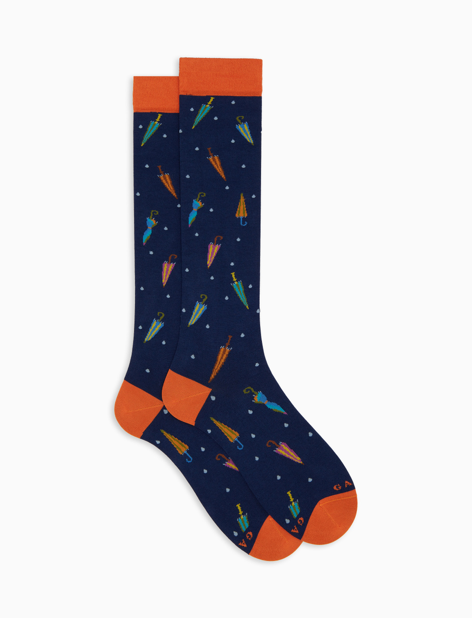 Men's long socks in blue cotton with colorful umbrella pattern - Gallo 1927 - Official Online Shop