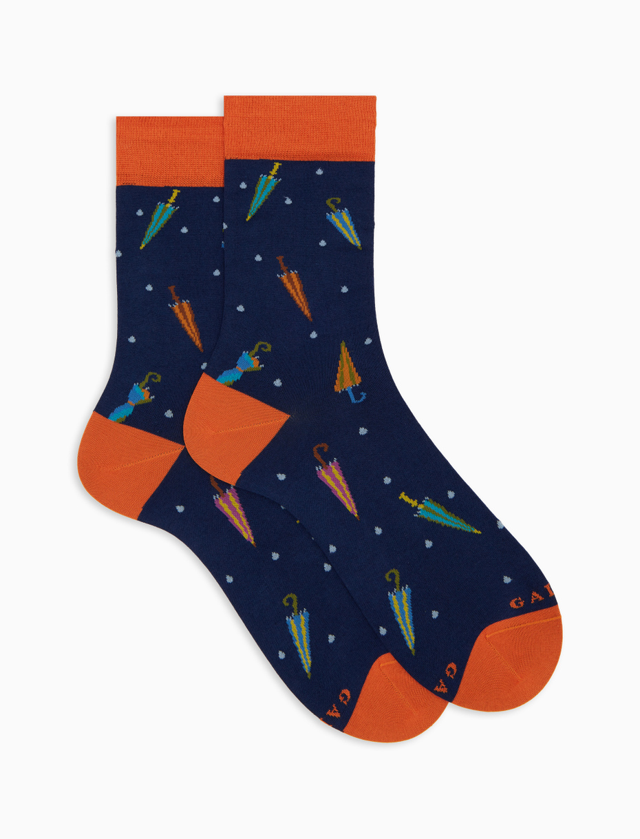 Women's short socks in blue cotton with colorful umbrella pattern - Gallo 1927 - Official Online Shop