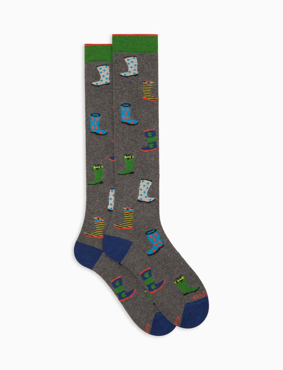 Men's gray cotton patterned knee-high socks with rain boots - Gallo 1927 - Official Online Shop
