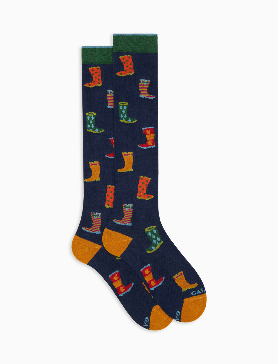 Men's blue cotton patterned knee-high socks with rain boots - Gallo 1927 - Official Online Shop