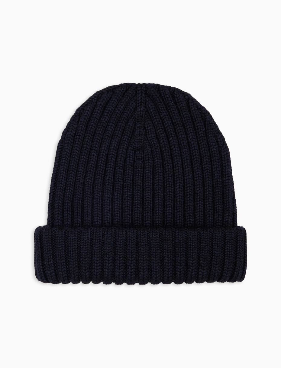 Kids' turn-up cap in blue wool, silk and cashmere, plain ribbed - Gallo 1927 - Official Online Shop