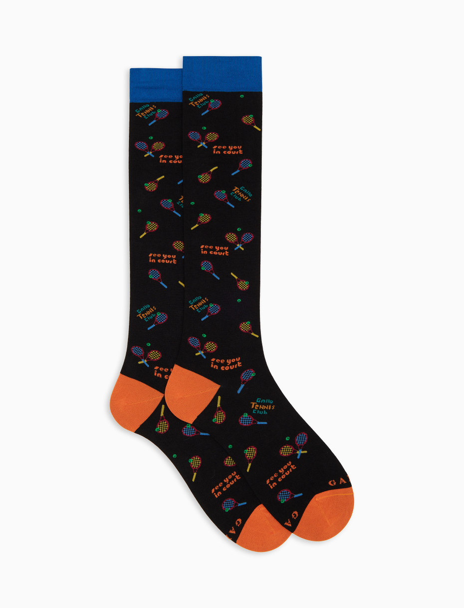 Men's long socks in black cotton with tennis pattern - Gallo 1927 - Official Online Shop