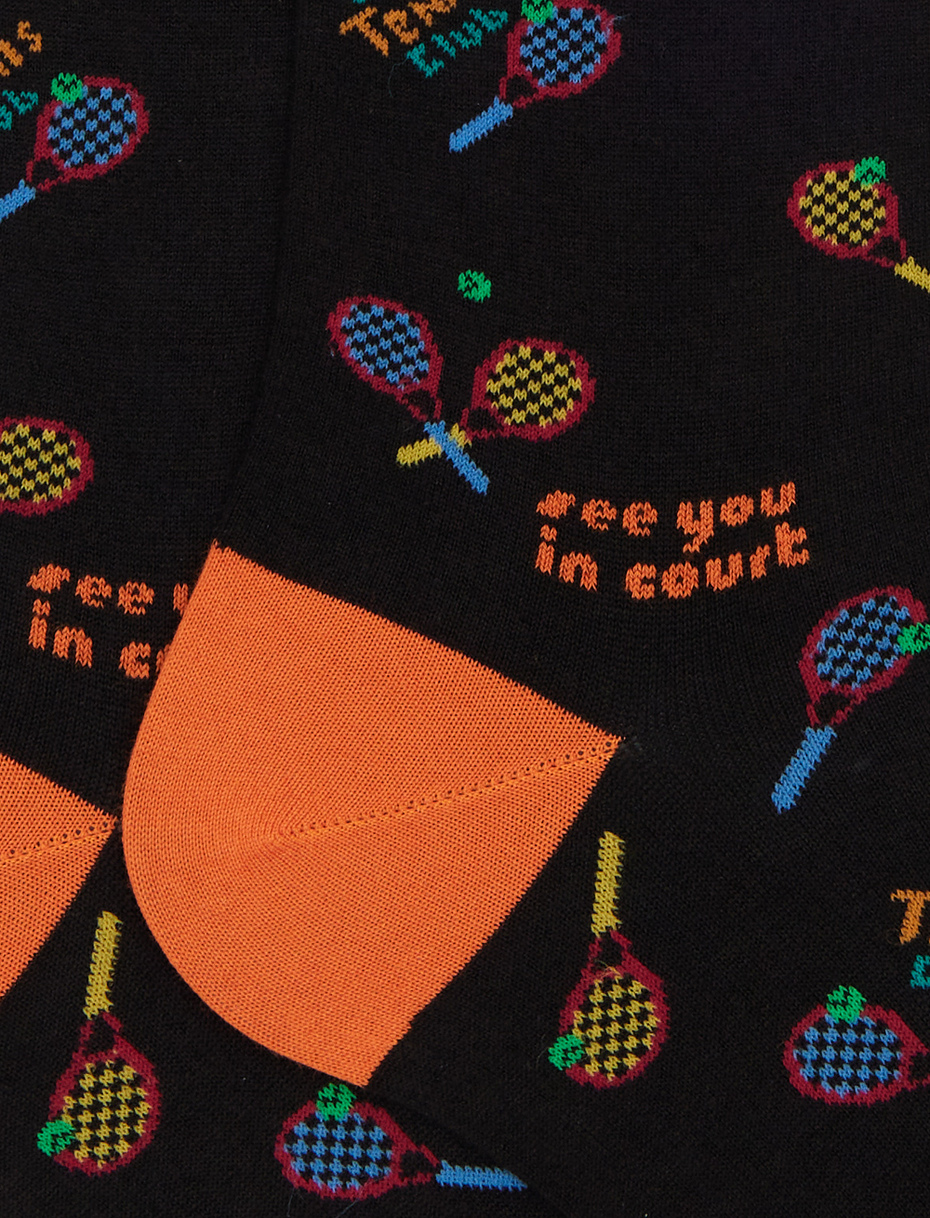 Men's long socks in black cotton with tennis pattern - Gallo 1927 - Official Online Shop