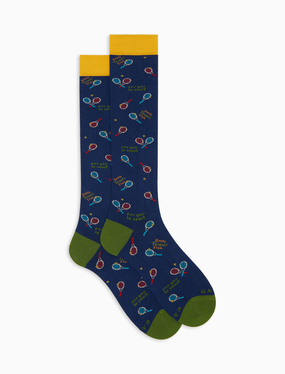Men's long socks in blue cotton with tennis pattern - Gallo 1927 - Official Online Shop