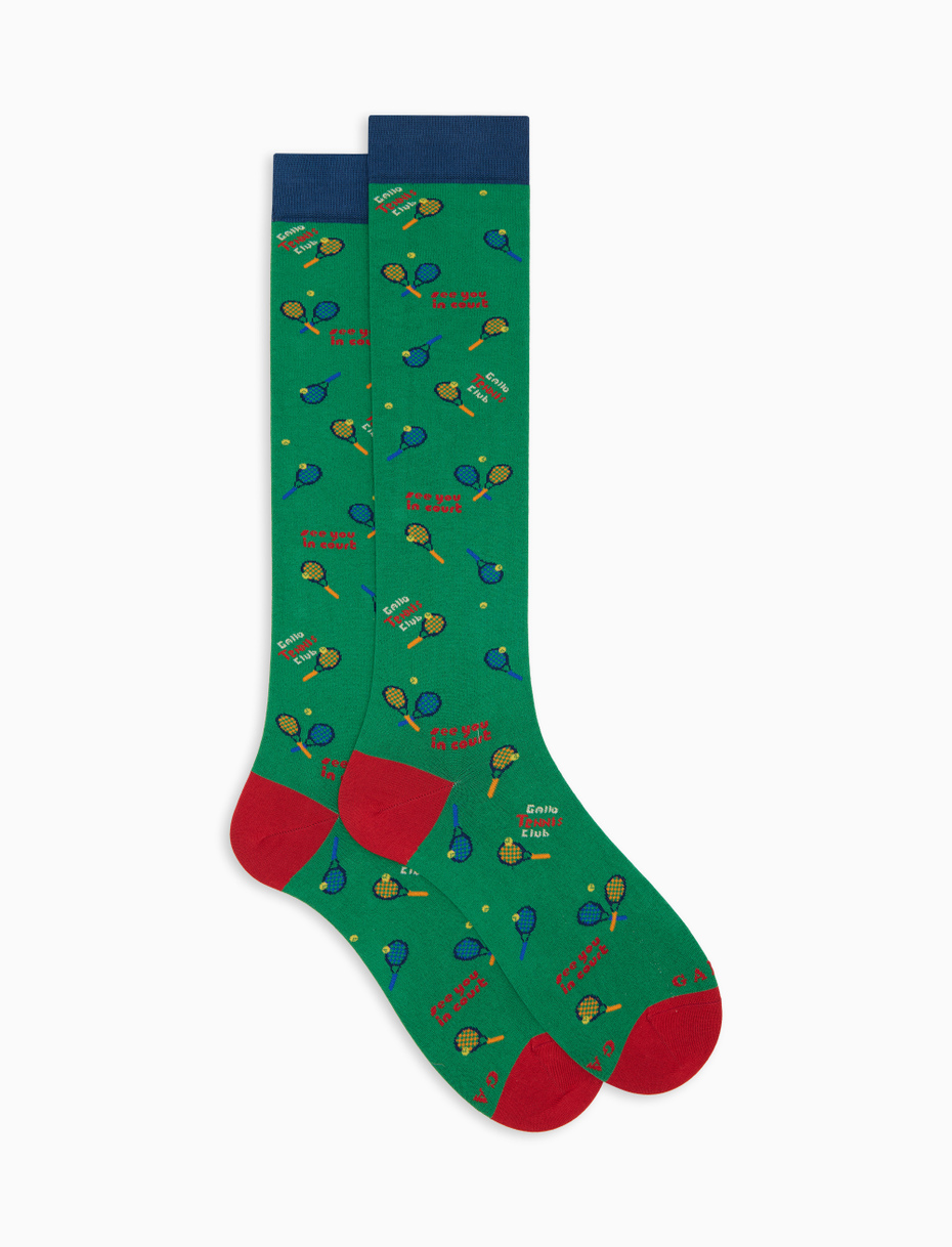 Men's long socks in green cotton with tennis pattern - Gallo 1927 - Official Online Shop