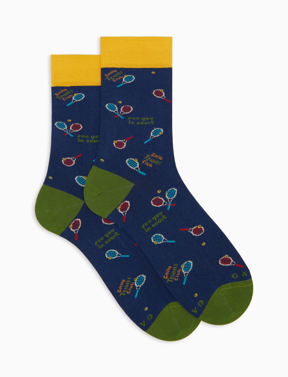 Men's short socks in blue cotton with tennis pattern - Gallo 1927 - Official Online Shop