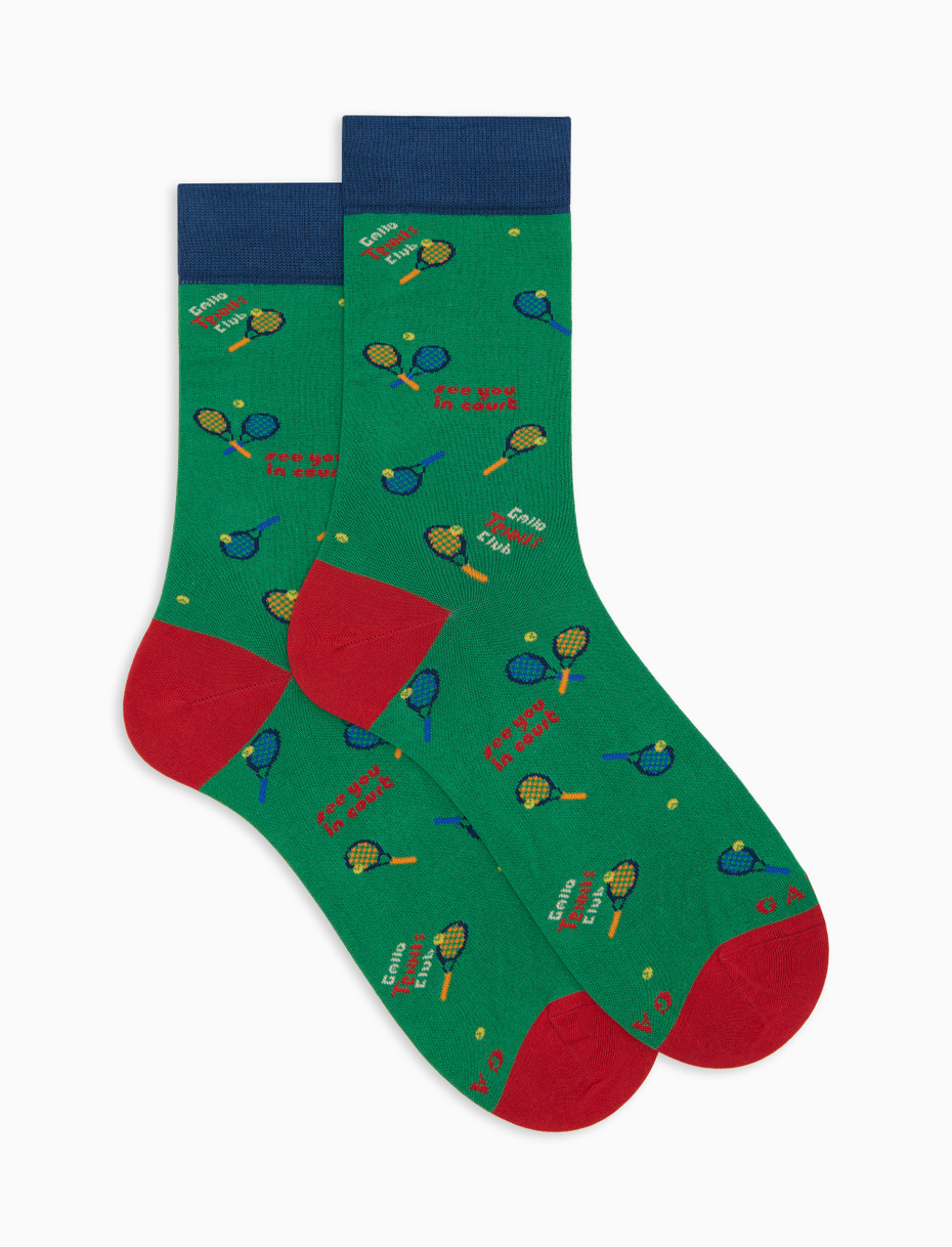 Men's short socks in green cotton with tennis pattern - Gallo 1927 - Official Online Shop