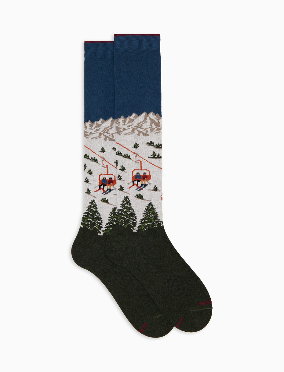 Men's long socks in green cotton with landscape and chairlift pattern - Gallo 1927 - Official Online Shop