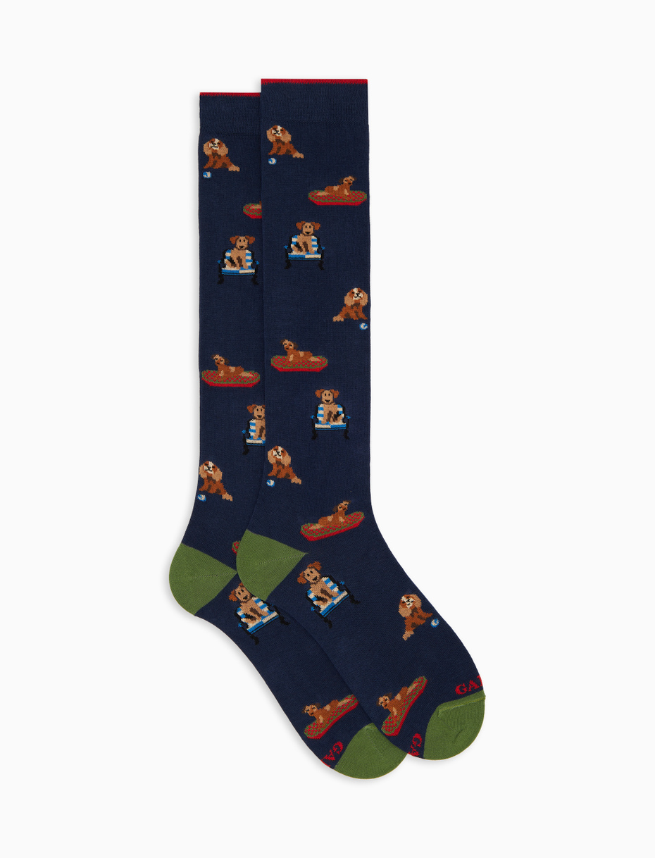 Men's long socks in blue cotton with dog pattern - Gallo 1927 - Official Online Shop
