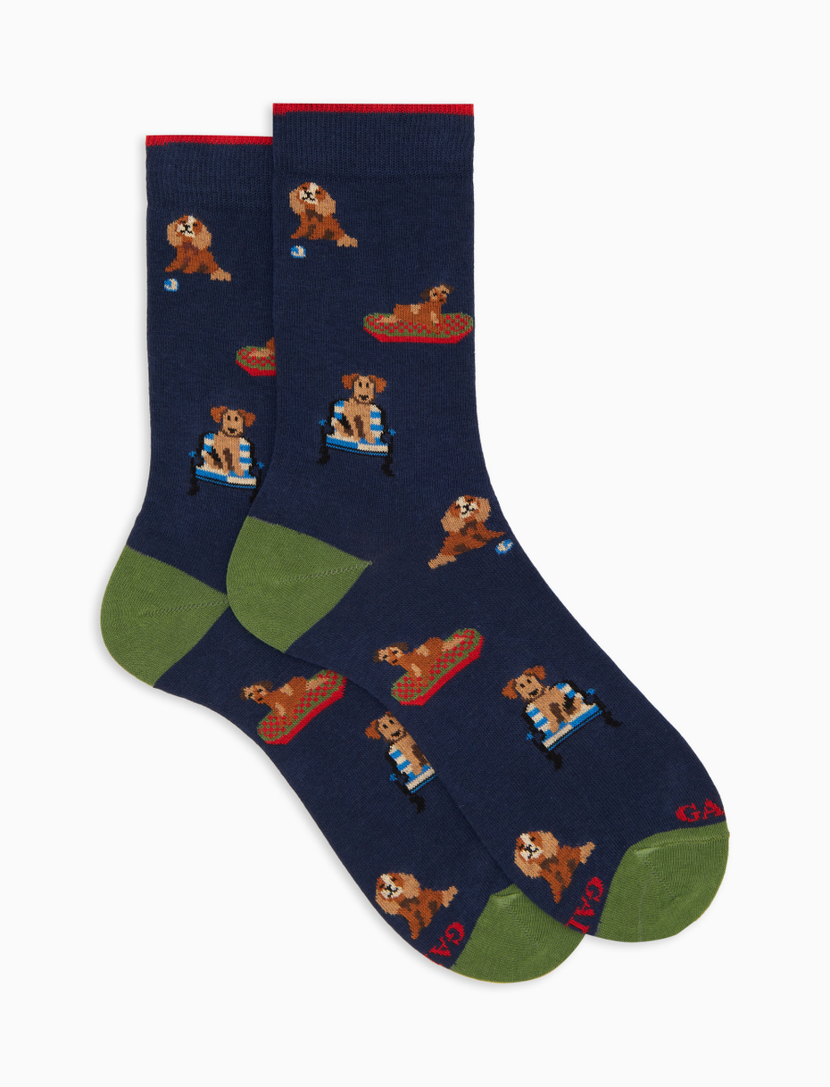 Men's short socks in blue cotton with dog pattern - Gallo 1927 - Official Online Shop