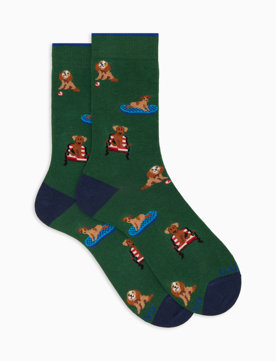 Men's short socks in green cotton with dog pattern - Gallo 1927 - Official Online Shop