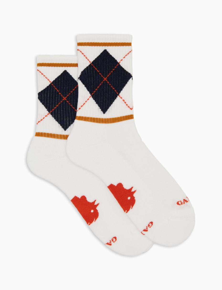 Unisex short socks in white cotton terry with diamond pattern - Gallo 1927 - Official Online Shop