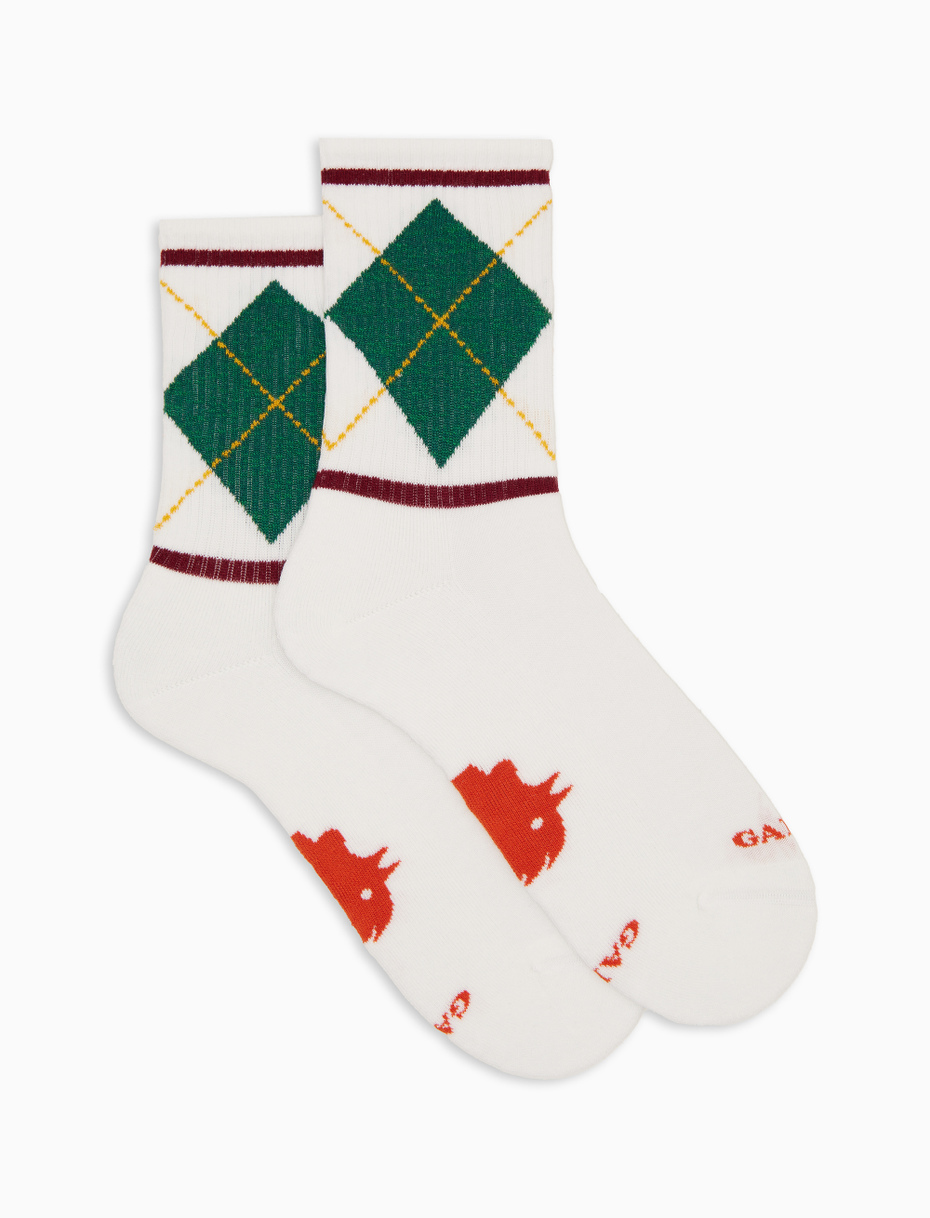 Unisex short socks in white cotton terry with diamond pattern - Gallo 1927 - Official Online Shop
