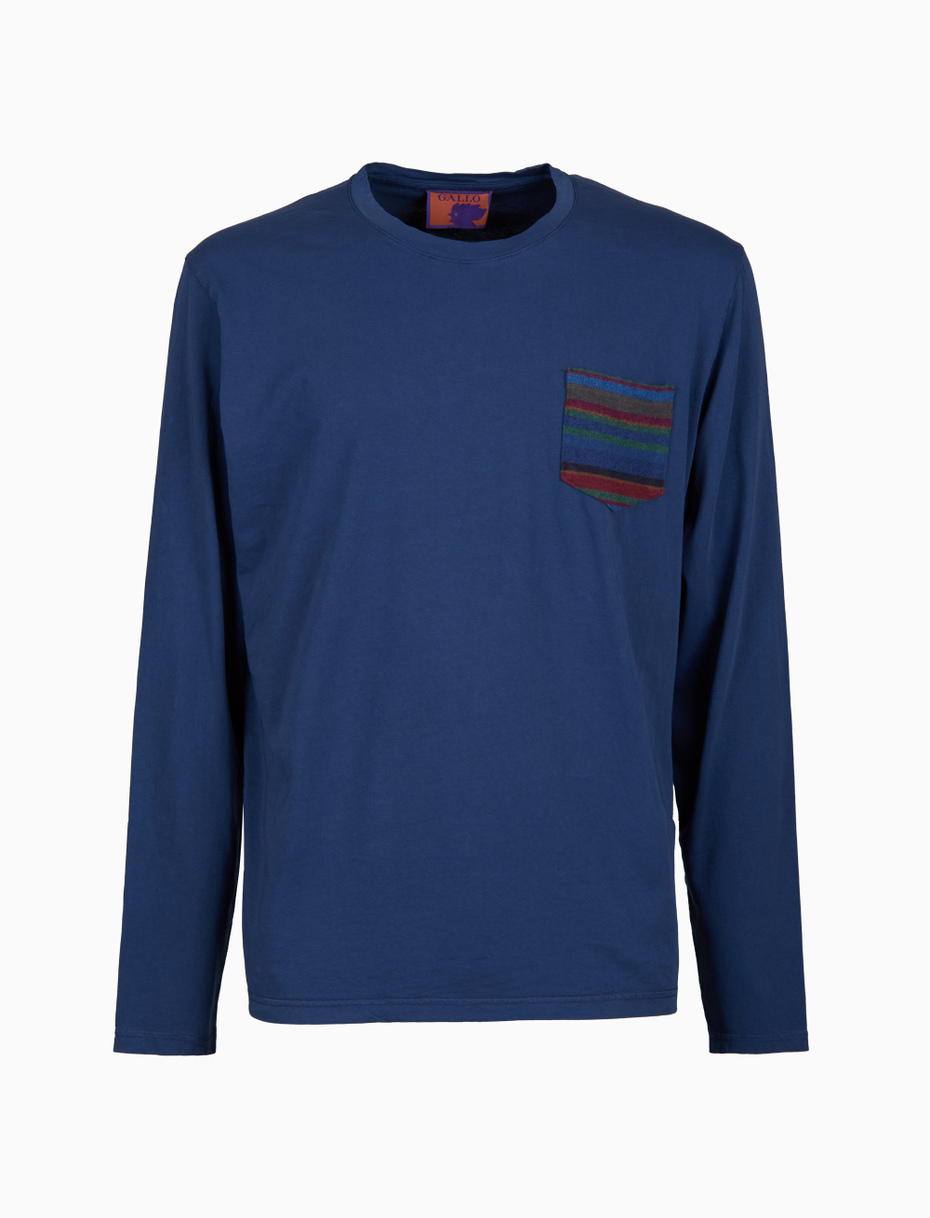 Men's garment-dyed blue cotton long-sleeved T-shirt with multicoloured fleece pocket - Gallo 1927 - Official Online Shop