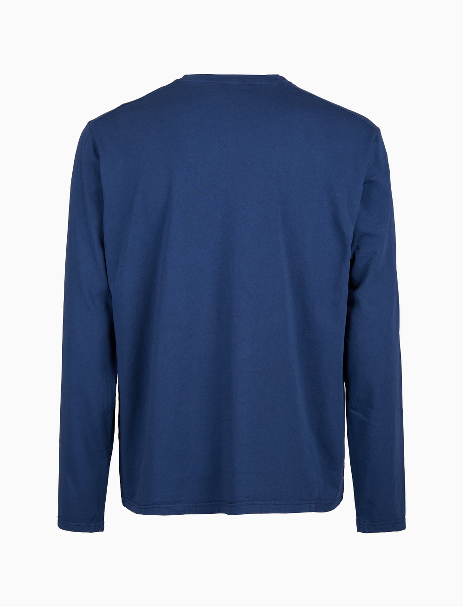 Men's garment-dyed blue cotton long-sleeved T-shirt with multicoloured fleece pocket - Gallo 1927 - Official Online Shop