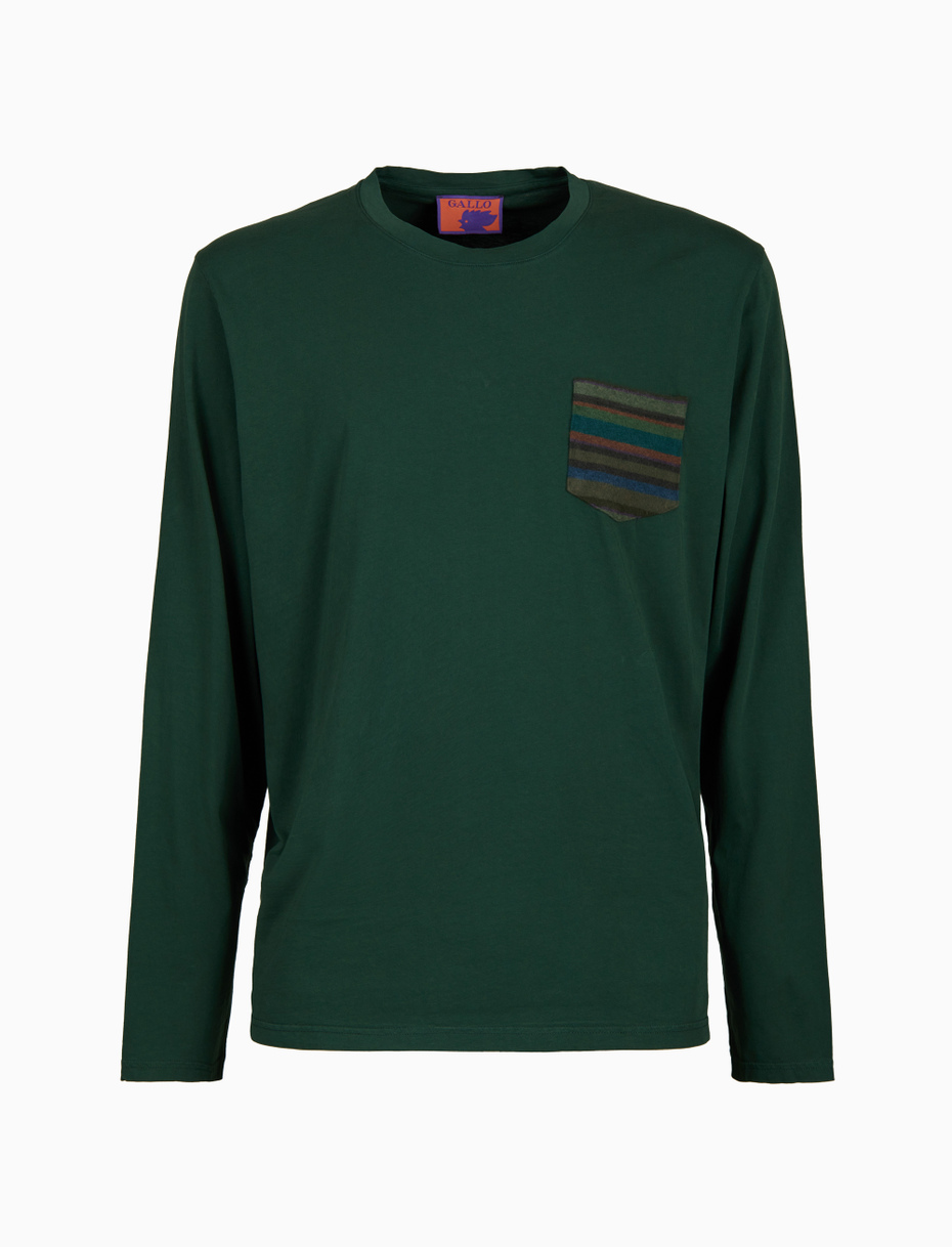 Men's garment-dyed green cotton long-sleeved T-shirt with multicoloured fleece pocket - Gallo 1927 - Official Online Shop