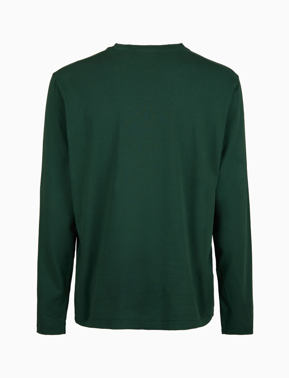 Men's garment-dyed green cotton long-sleeved T-shirt with multicoloured fleece pocket - Gallo 1927 - Official Online Shop
