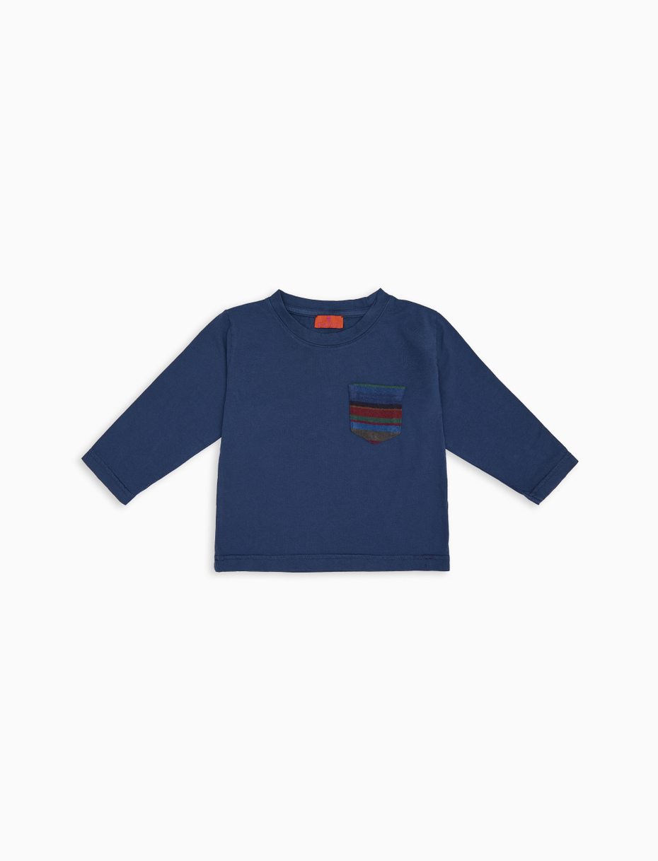 Long-sleeved T-shirt for children in blue garment-dyed cotton with multicolored fleece pocket - Gallo 1927 - Official Online Shop