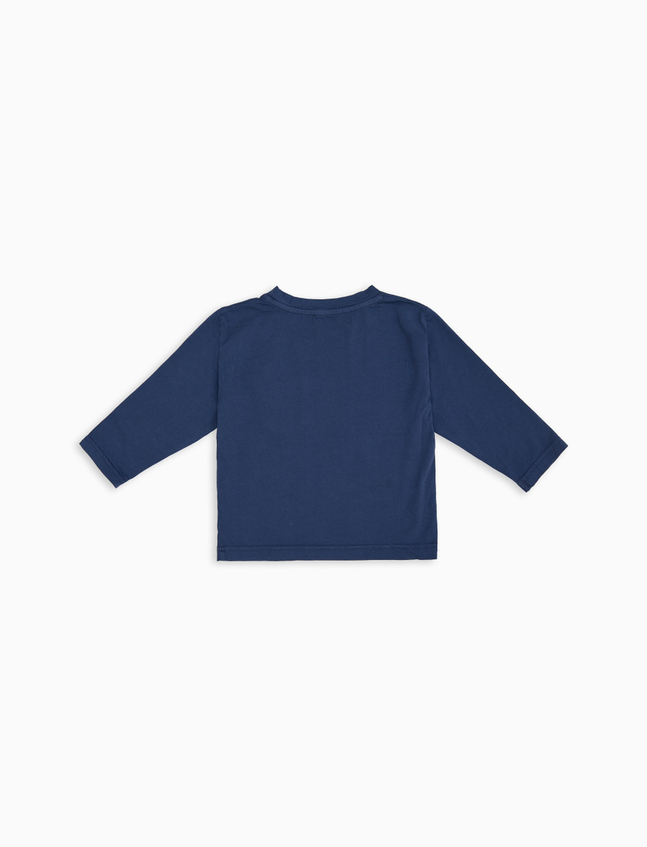 Long-sleeved T-shirt for children in blue garment-dyed cotton with multicolored fleece pocket - Gallo 1927 - Official Online Shop