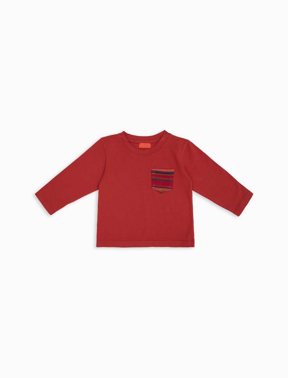 Long-sleeved T-shirt for children in red garment-dyed cotton with multicolored fleece pocket - Gallo 1927 - Official Online Shop