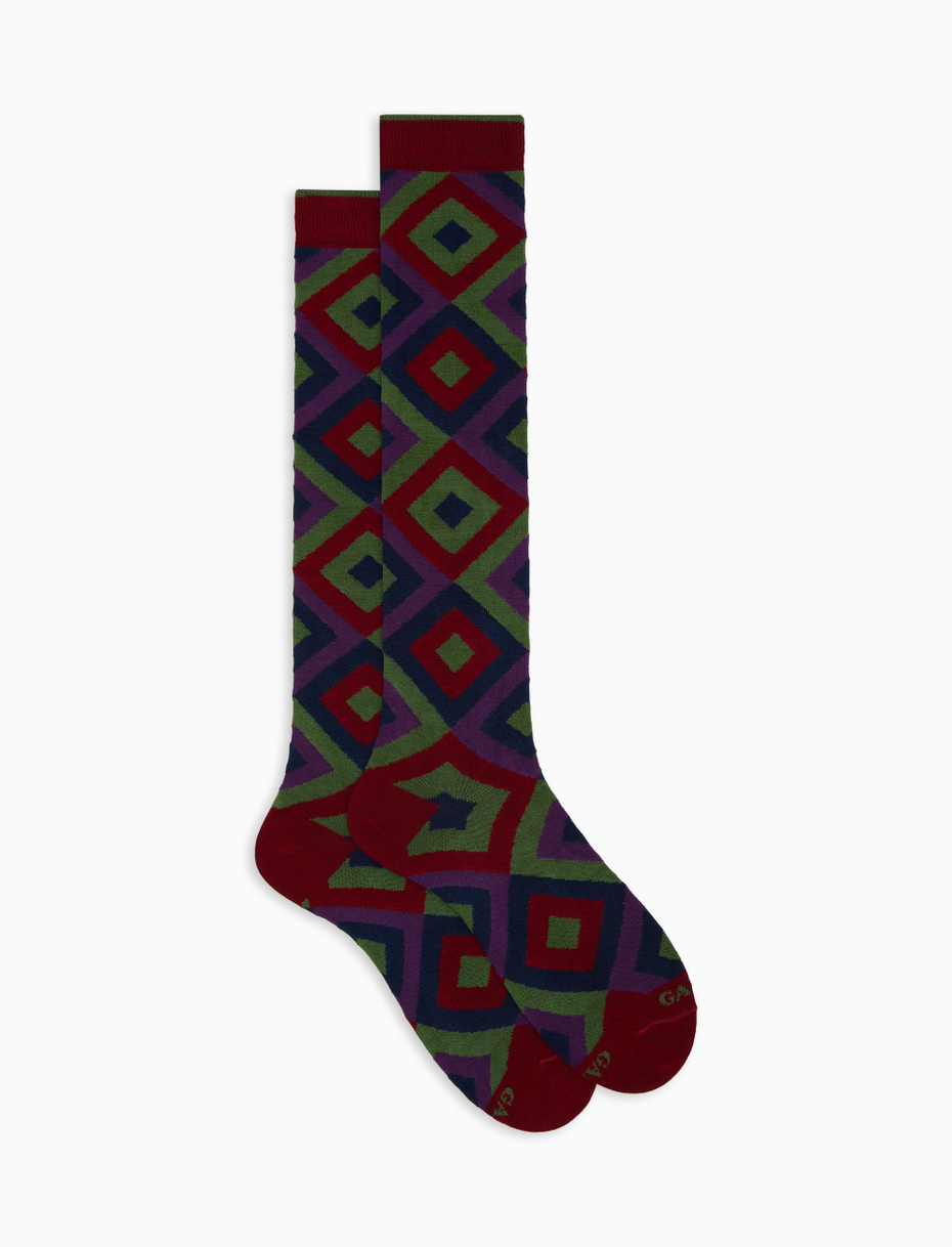 Men's burgundy cotton long socks with concentric diamond pattern - Gallo 1927 - Official Online Shop
