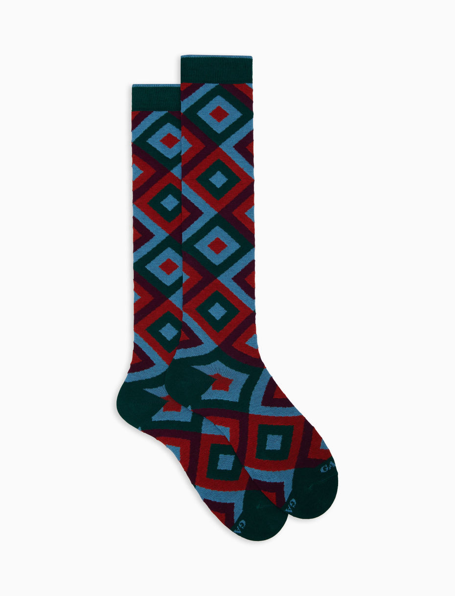 Men's green cotton long socks with concentric diamond pattern - Gallo 1927 - Official Online Shop