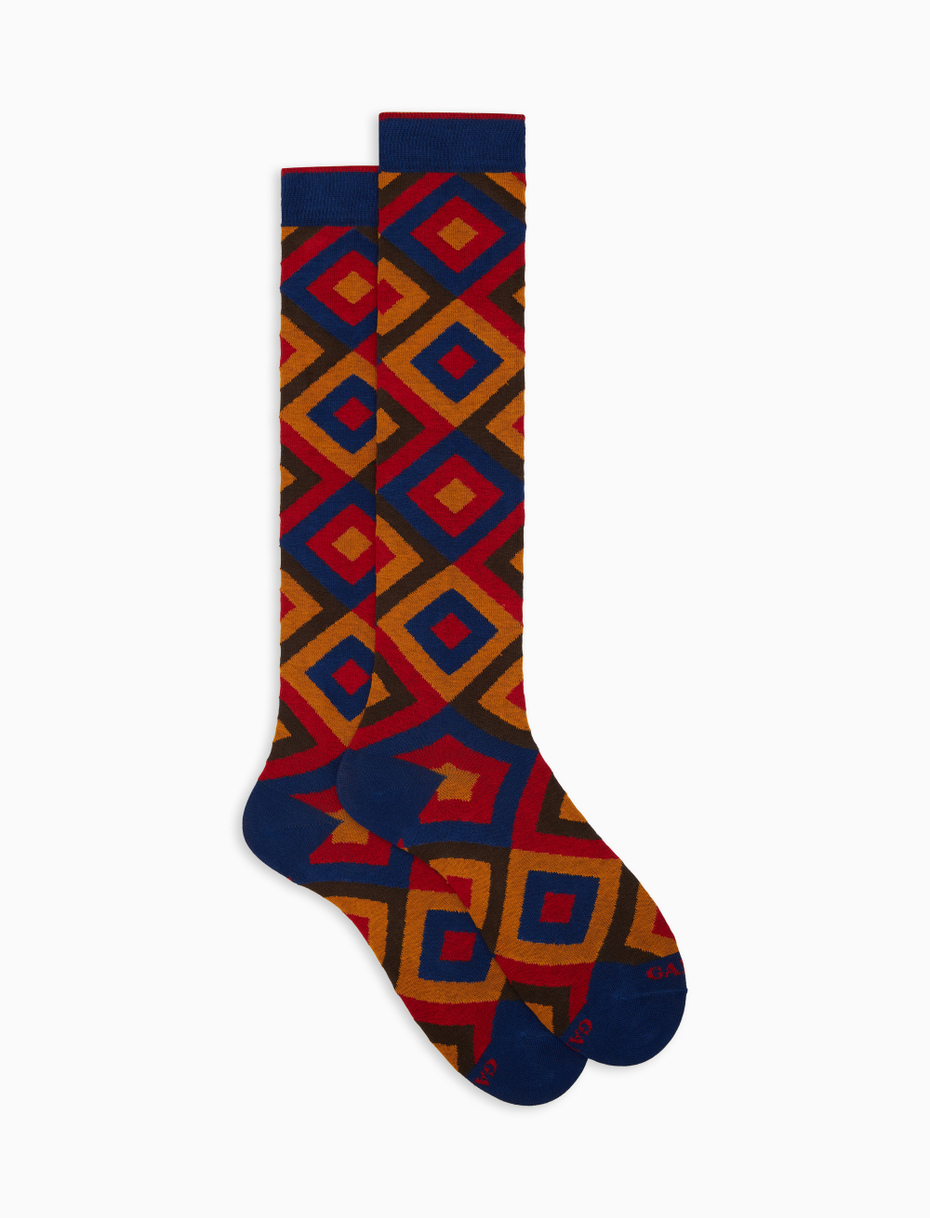 Men's blue cotton long socks with concentric diamond pattern - Gallo 1927 - Official Online Shop