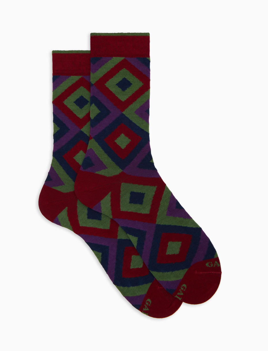 Men's burgundy cotton socks with concentric diamond pattern - Gallo 1927 - Official Online Shop