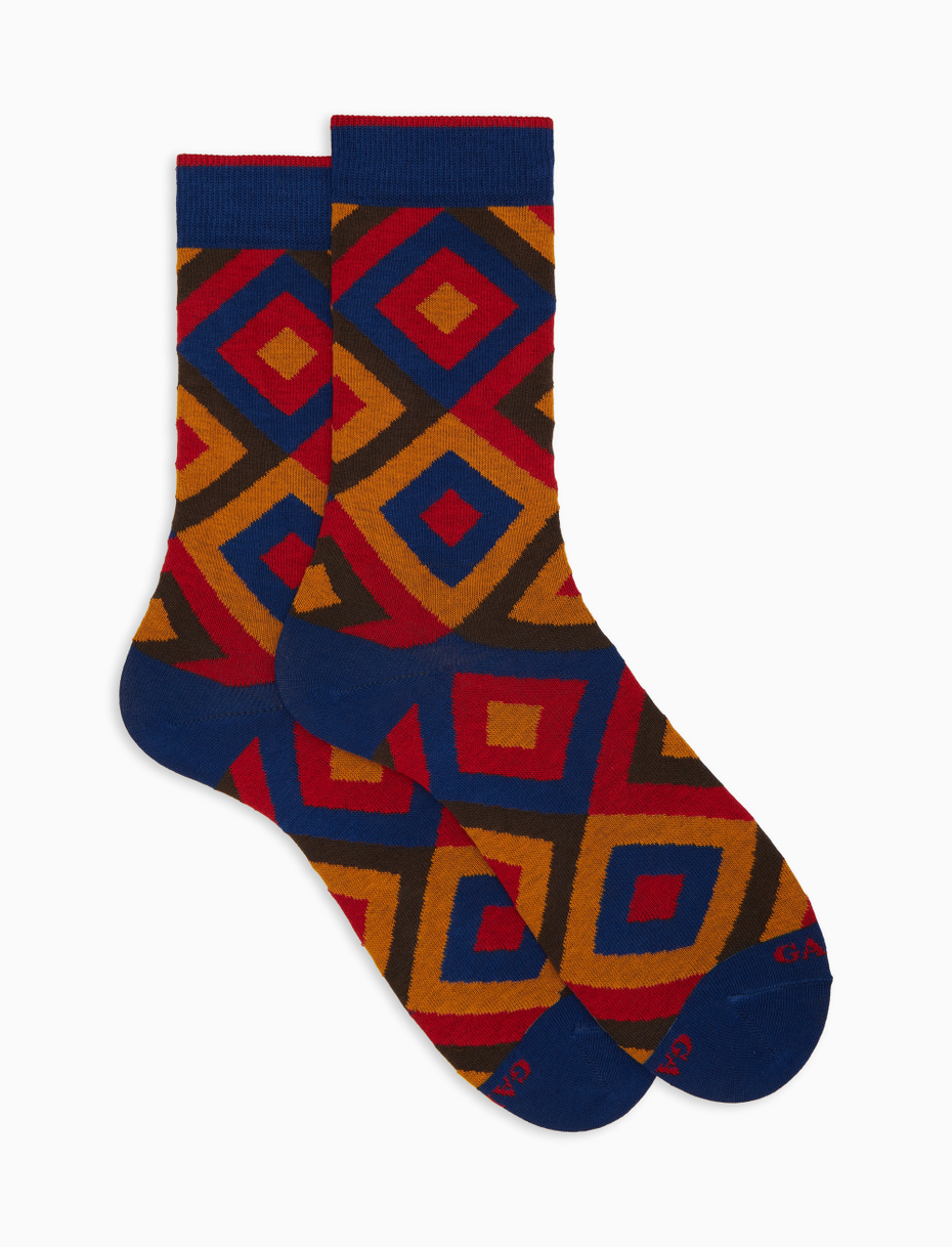 Men's blue cotton socks with concentric diamond pattern - Gallo 1927 - Official Online Shop