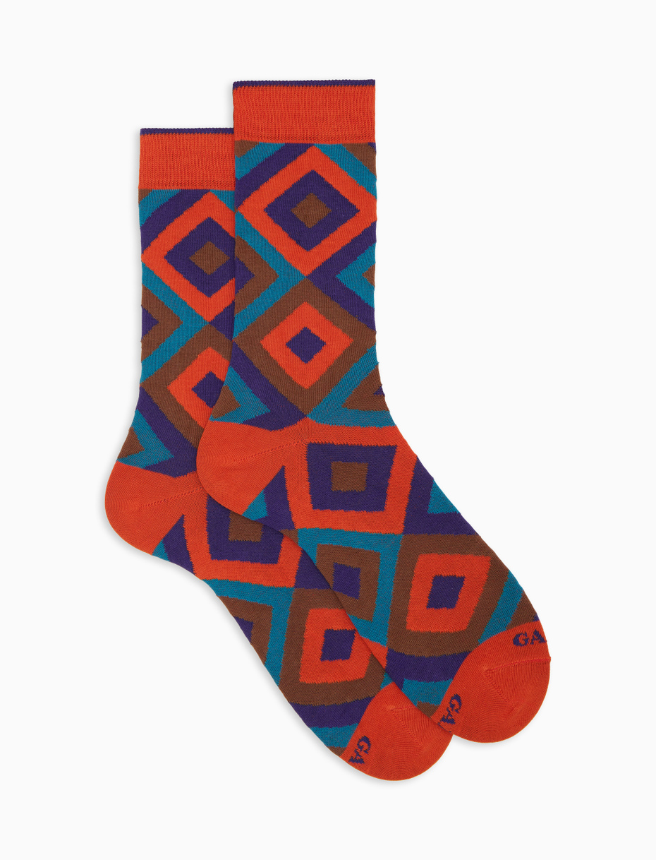 Women's orange cotton short socks with concentric diamond pattern - Gallo 1927 - Official Online Shop